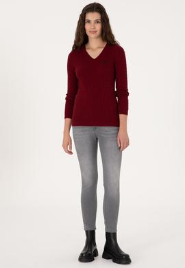Kadın Bordo V Yaka Basic Kazak - 50313625019