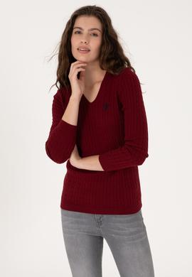 Kadın Bordo V Yaka Basic Kazak - 50313625019