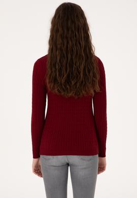 Kadın Bordo V Yaka Basic Kazak - 50313625019