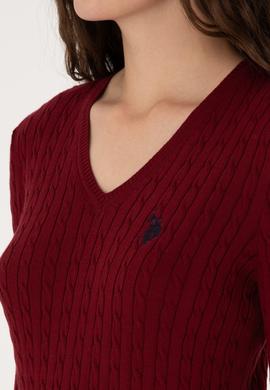 Kadın Bordo V Yaka Basic Kazak - 50313625019