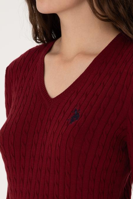 Kadın Bordo V Yaka Basic Kazak