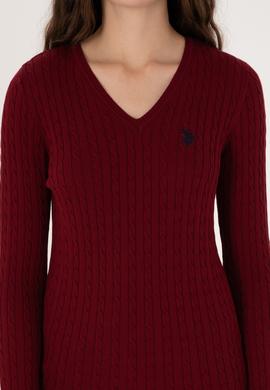 Kadın Bordo V Yaka Basic Kazak - 50313625019