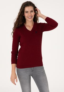Kadın Bordo V Yaka Basic Kazak - 50313625019