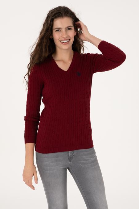 Kadın Bordo V Yaka Basic Kazak