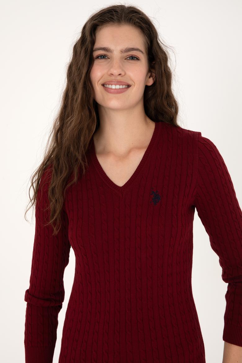 Kadın Bordo V Yaka Basic Kazak - 50313625019