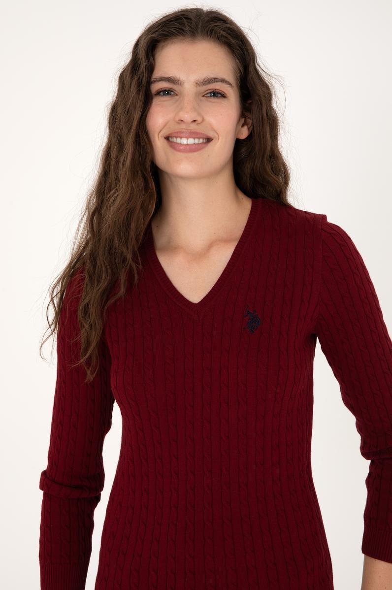 Kadın Bordo V Yaka Basic Kazak