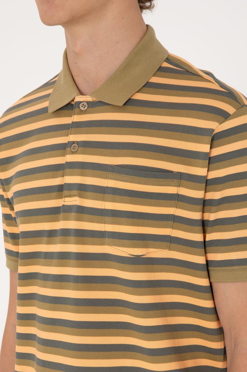 Erkek Regular Fit Haki Polo Yaka Çizgili Tişört