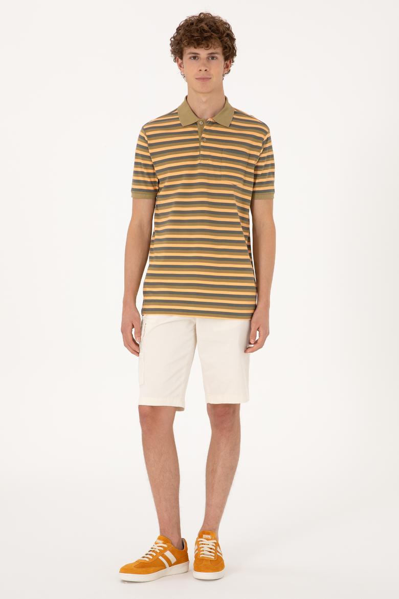 Erkek Regular Fit Haki Polo Yaka Çizgili Tişört - 50306794039