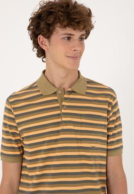 Erkek Regular Fit Haki Polo Yaka Çizgili Tişört - 50306794039