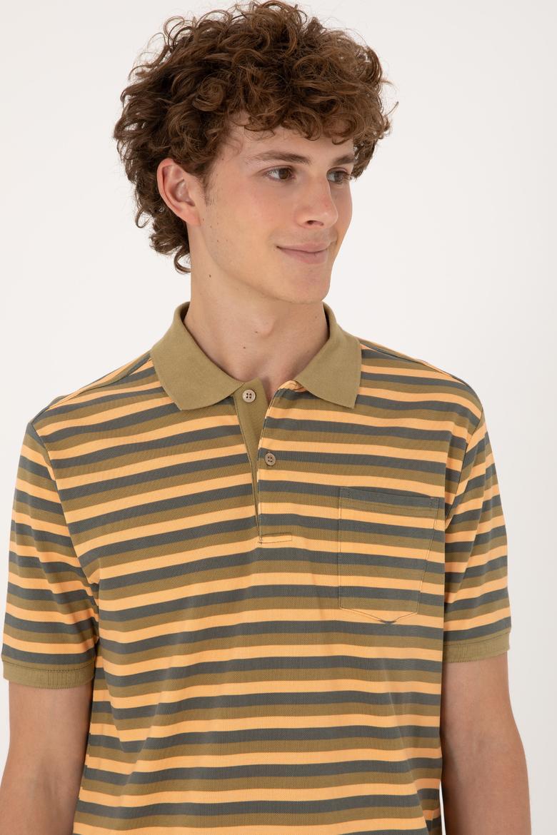 Erkek Regular Fit Haki Polo Yaka Çizgili Tişört - 50306794039