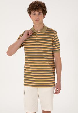 Erkek Regular Fit Haki Polo Yaka Çizgili Tişört - 50306794039