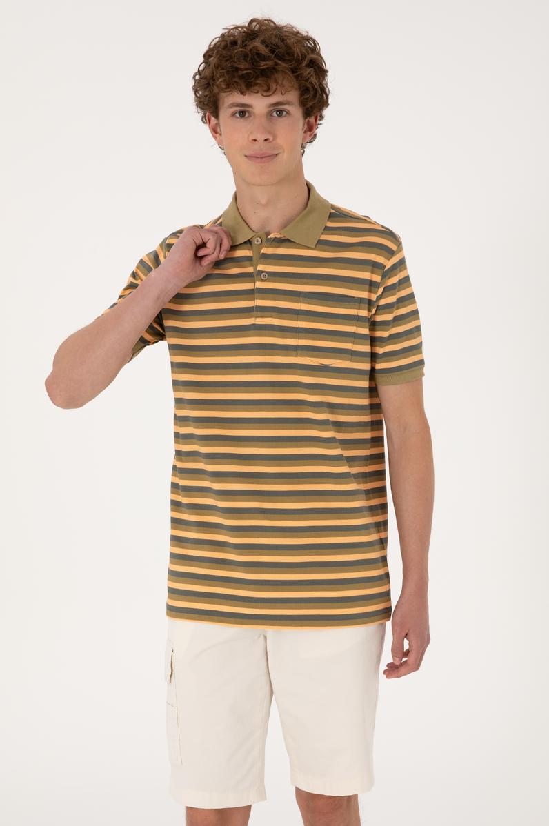 Erkek Regular Fit Haki Polo Yaka Çizgili Tişört