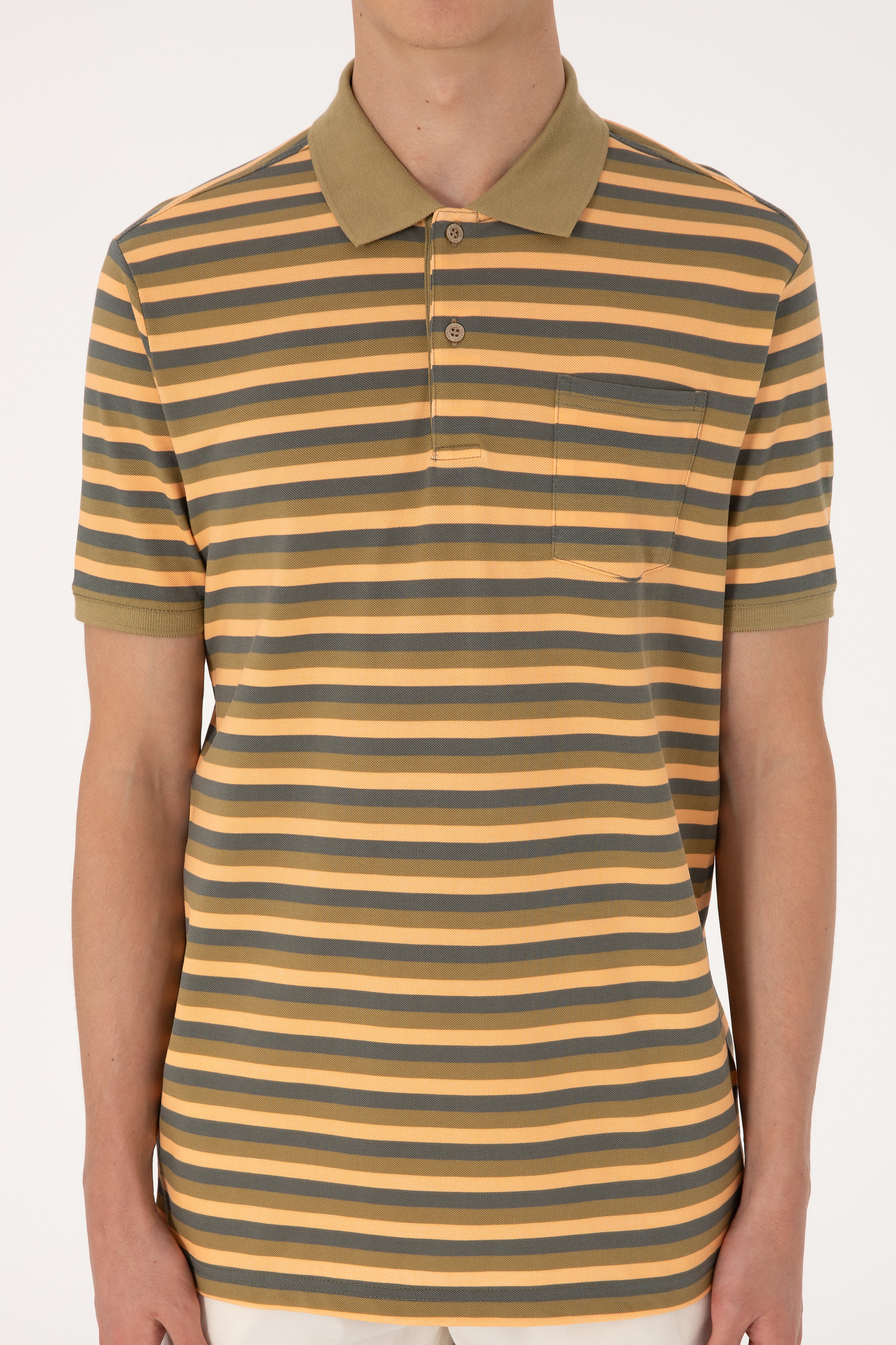 Erkek Regular Fit Haki Polo Yaka Çizgili Tişört - Image 6