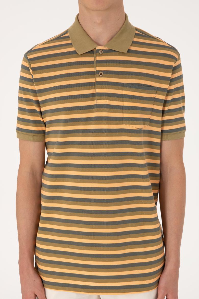 Erkek Regular Fit Haki Polo Yaka Çizgili Tişört - 50306794039