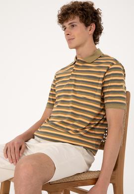 Erkek Regular Fit Haki Polo Yaka Çizgili Tişört - 50306794039