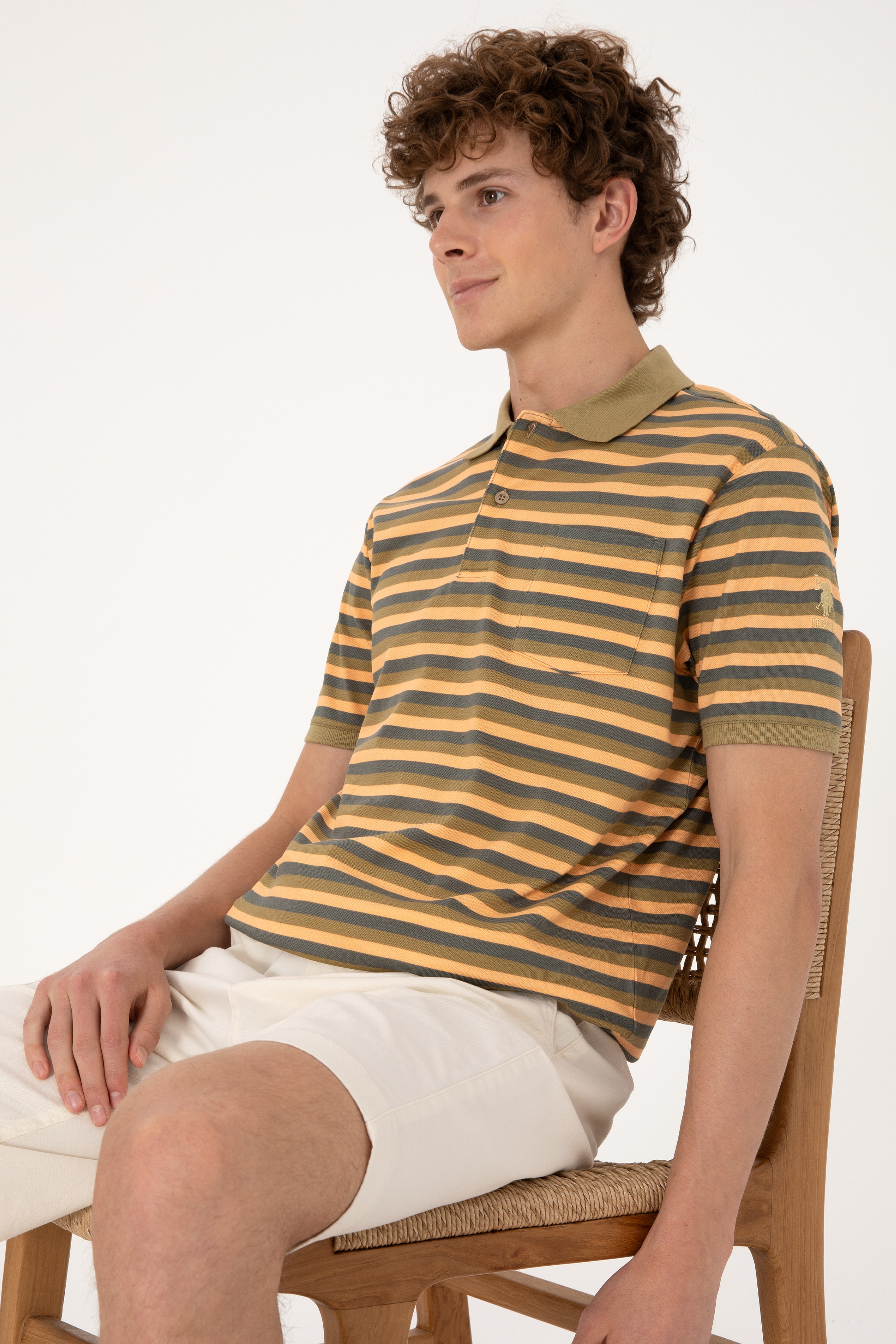 Erkek Regular Fit Haki Polo Yaka Çizgili Tişört