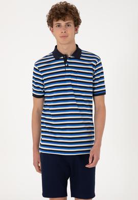 Erkek Regular Fit Lacivert Polo Yaka Çizgili Tişört - 50306794009