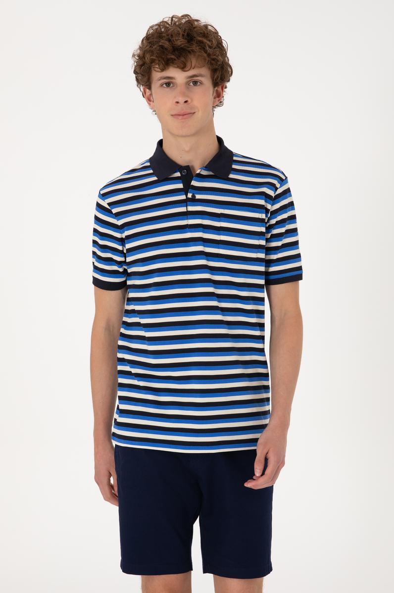 Erkek Regular Fit Lacivert Polo Yaka Çizgili Tişört