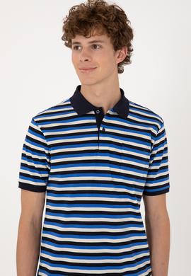 Erkek Regular Fit Lacivert Polo Yaka Çizgili Tişört - 50306794009