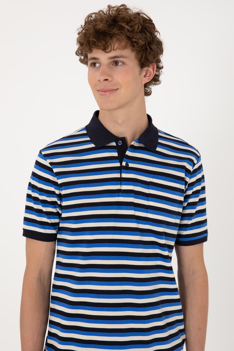 Erkek Regular Fit Lacivert Polo Yaka Çizgili Tişört - 50306794009