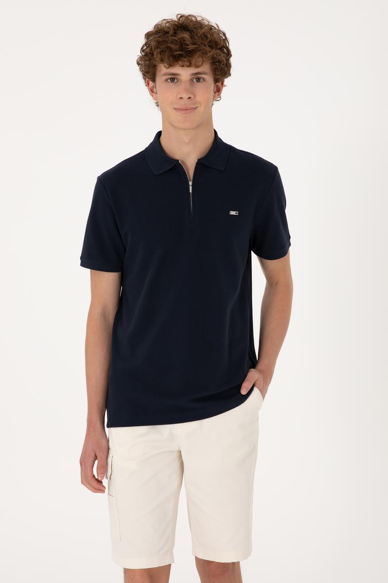 Erkek Regular Fit Fermuarlı Lacivert Tişört