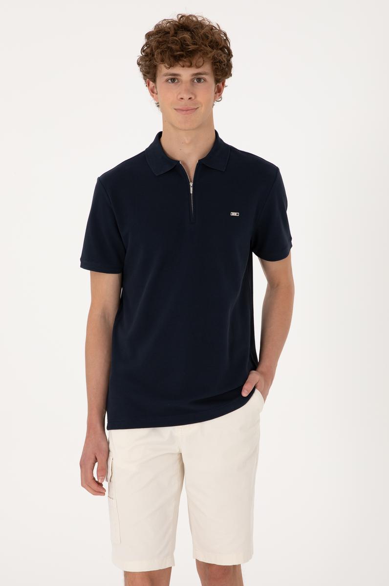 Erkek Regular Fit Fermuarlı Lacivert Tişört