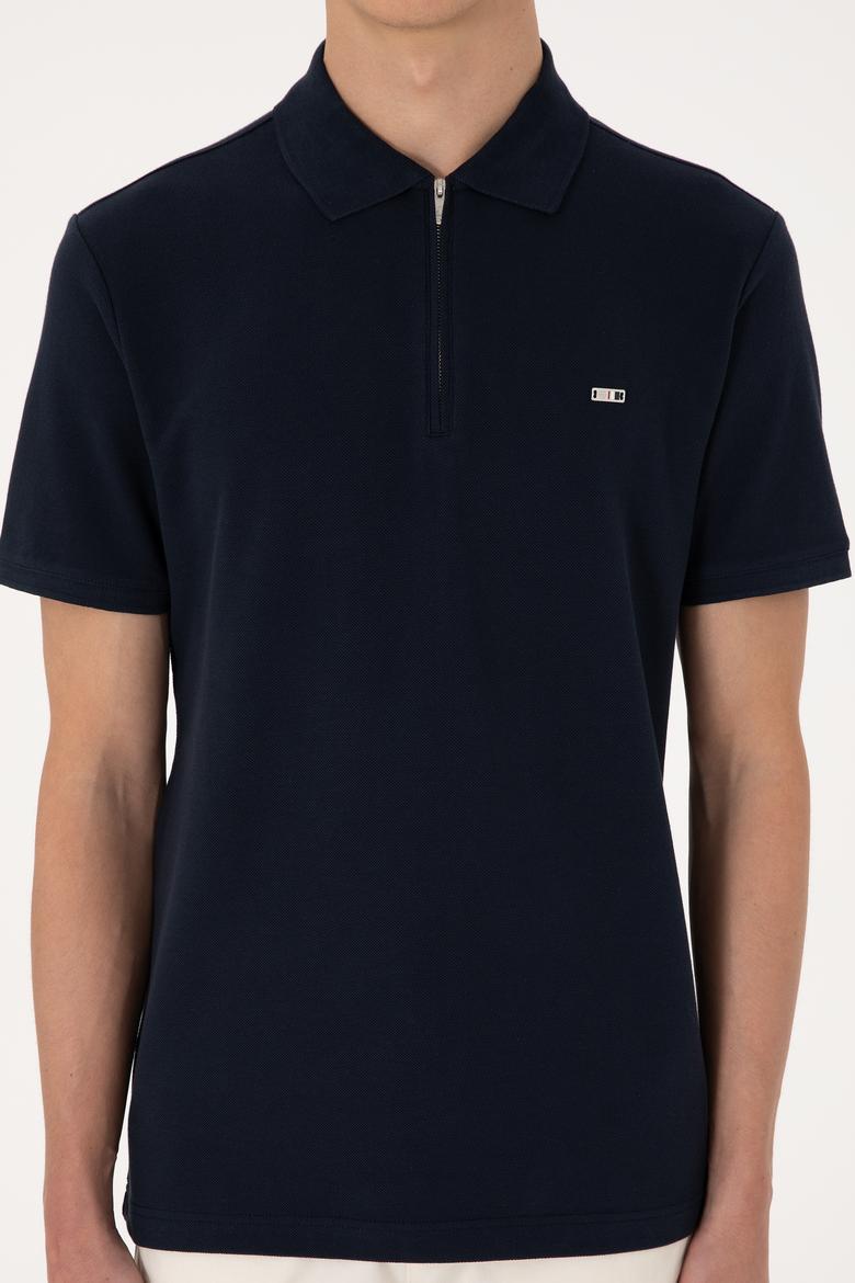 Erkek Regular Fit Fermuarlı Lacivert Tişört - 50306836037