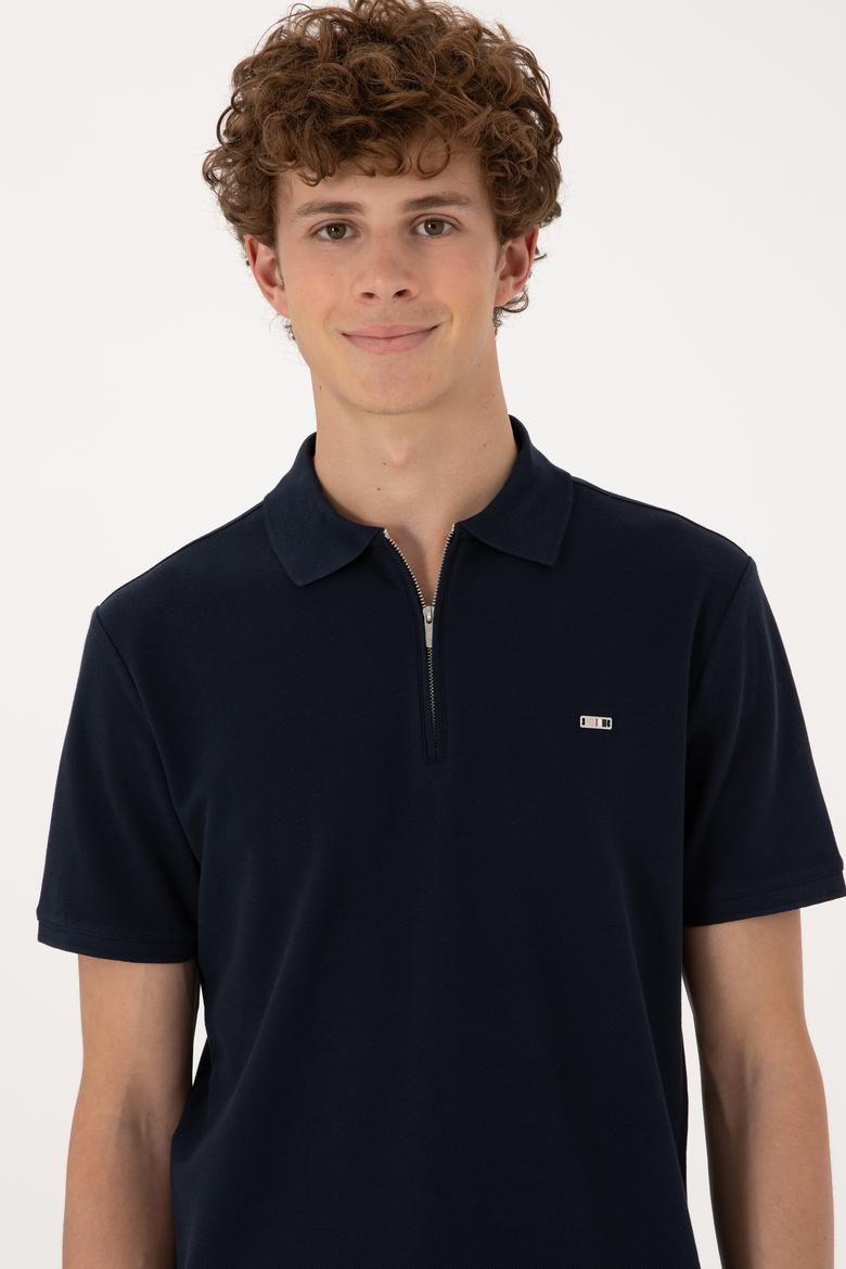 Erkek Regular Fit Fermuarlı Lacivert Tişört - 50306836037