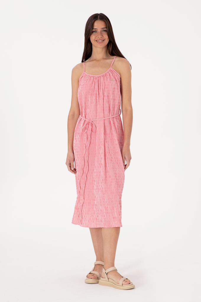 Kadın Pembe Çizgili Midi Boy Dokuma Elbise