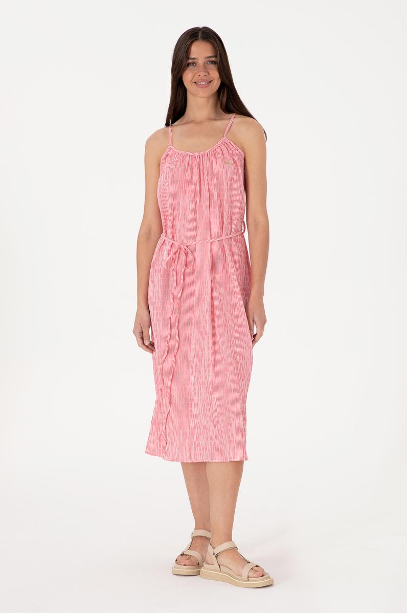 Kadın Pembe Çizgili Midi Boy Dokuma Elbise