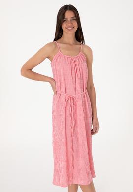 Kadın Pembe Çizgili Midi Boy Dokuma Elbise - 50306884015