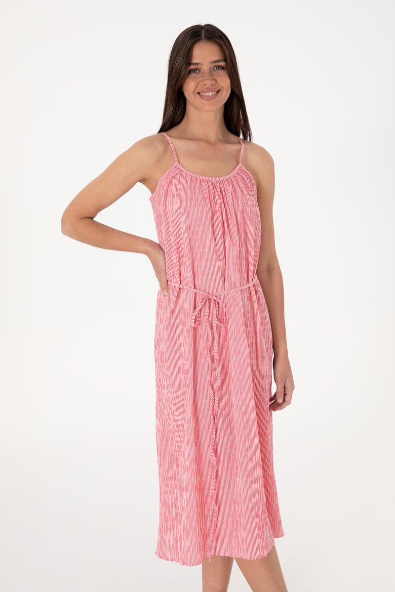 Kadın Pembe Çizgili Midi Boy Dokuma Elbise - 50306884015