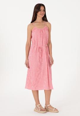 Kadın Pembe Çizgili Midi Boy Dokuma Elbise - 50306884015