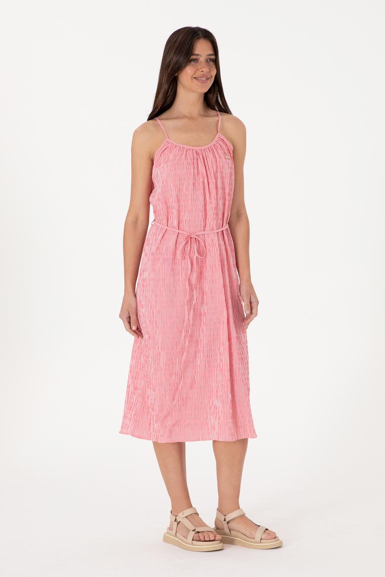 Kadın Pembe Çizgili Midi Boy Dokuma Elbise - 50306884015