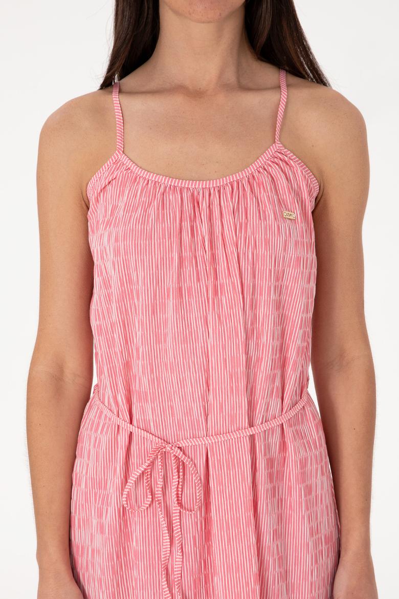 Kadın Pembe Çizgili Midi Boy Dokuma Elbise - 50306884015