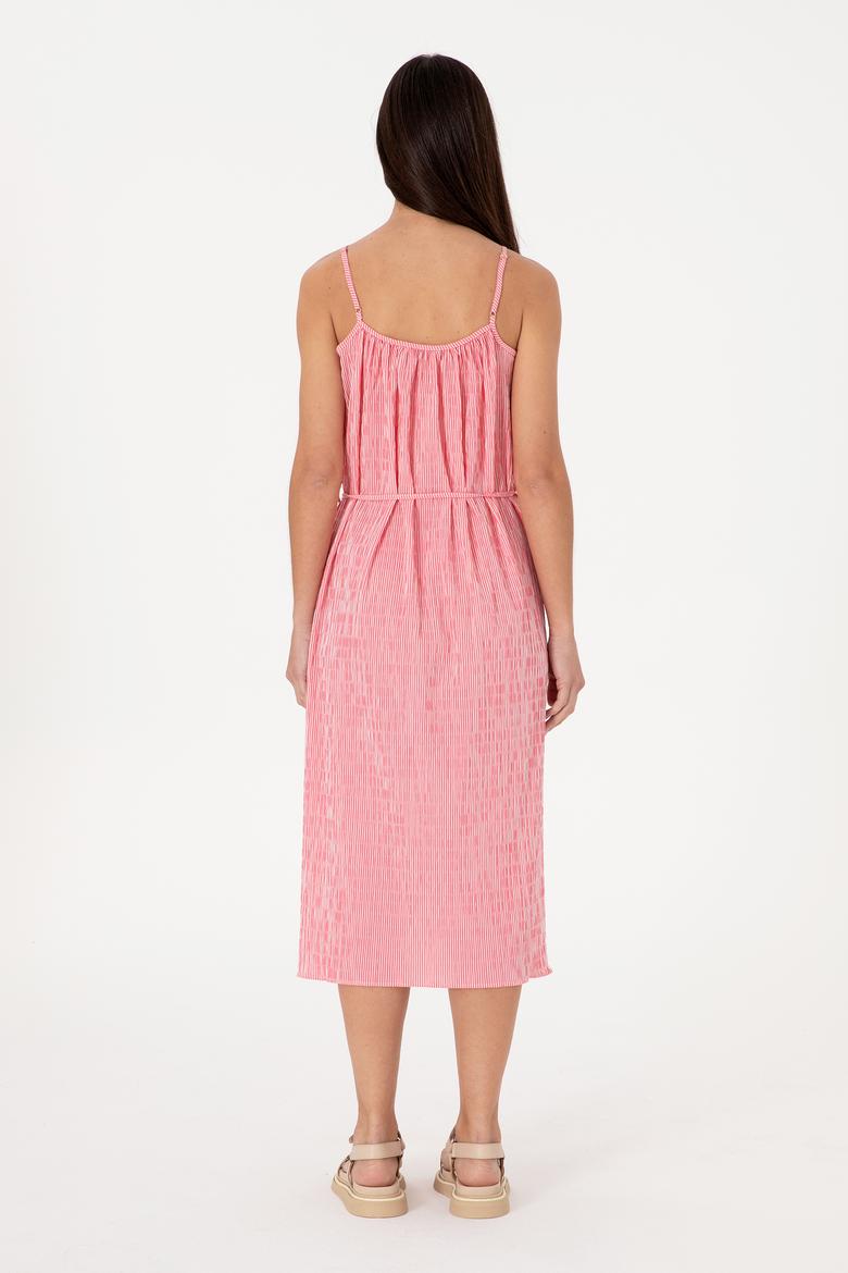 Kadın Pembe Çizgili Midi Boy Dokuma Elbise - 50306884015