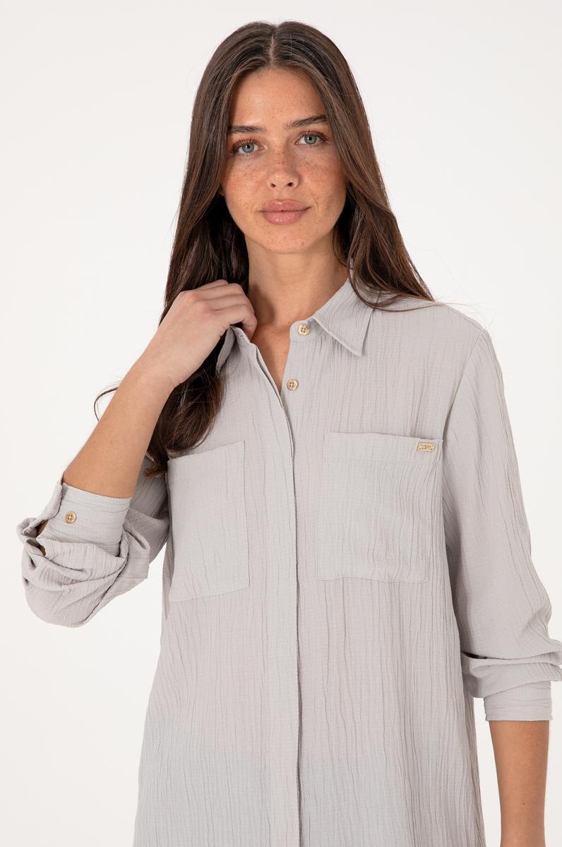 Kadın Açık Gri Uzun Kollu Tunik Gömlek