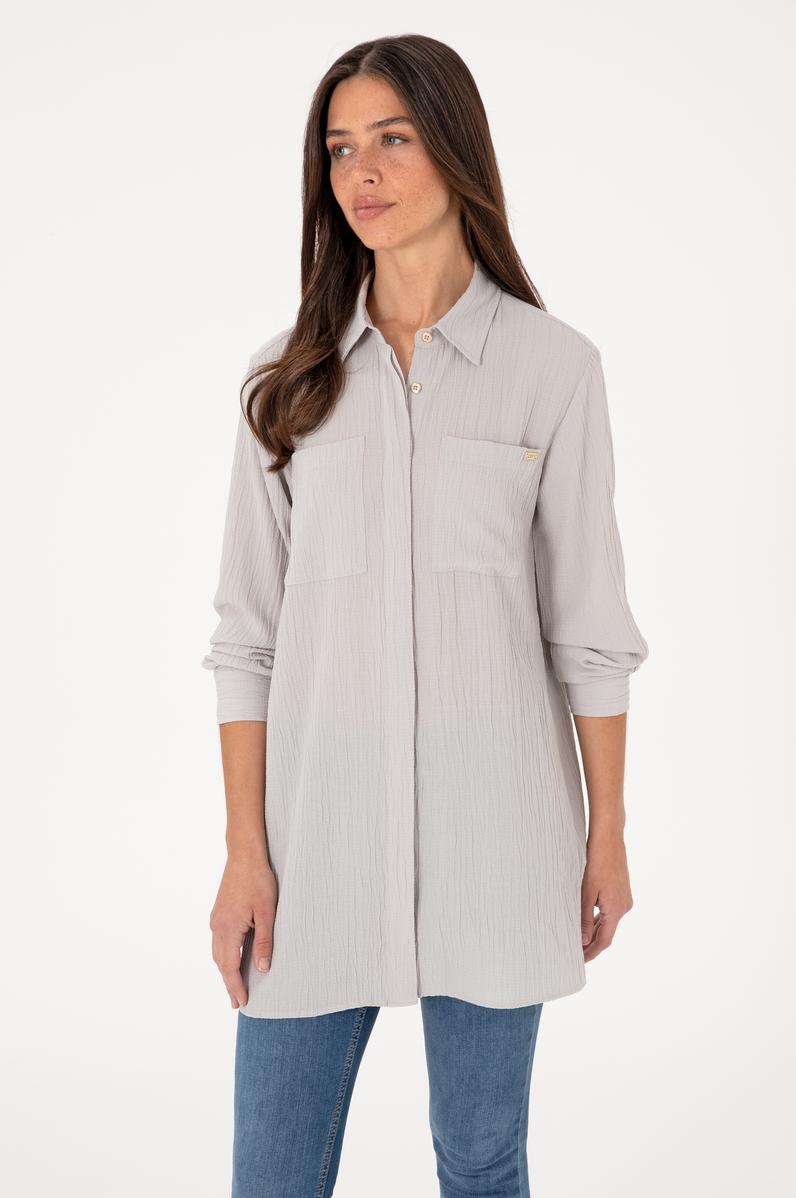 Kadın Açık Gri Uzun Kollu Tunik Gömlek