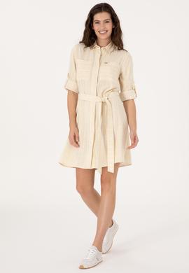 Kadın Krem Keten Karışımlı Çizgili Kemerli Mini Boy Dokuma Elbise - 50306595005