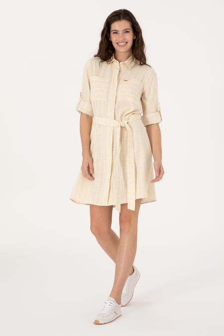 Kadın Krem Keten Karışımlı Çizgili Kemerli Mini Boy Dokuma Elbise
