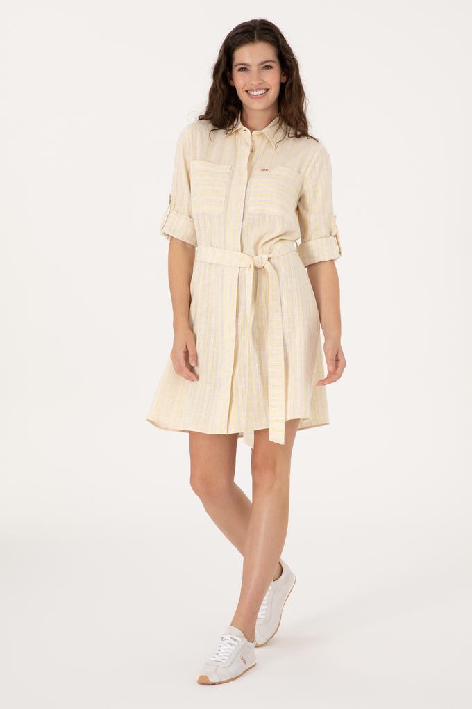 Kadın Krem Keten Karışımlı Çizgili Kemerli Mini Boy Dokuma Elbise