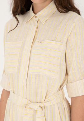 Kadın Krem Keten Karışımlı Çizgili Kemerli Mini Boy Dokuma Elbise - 50306595005