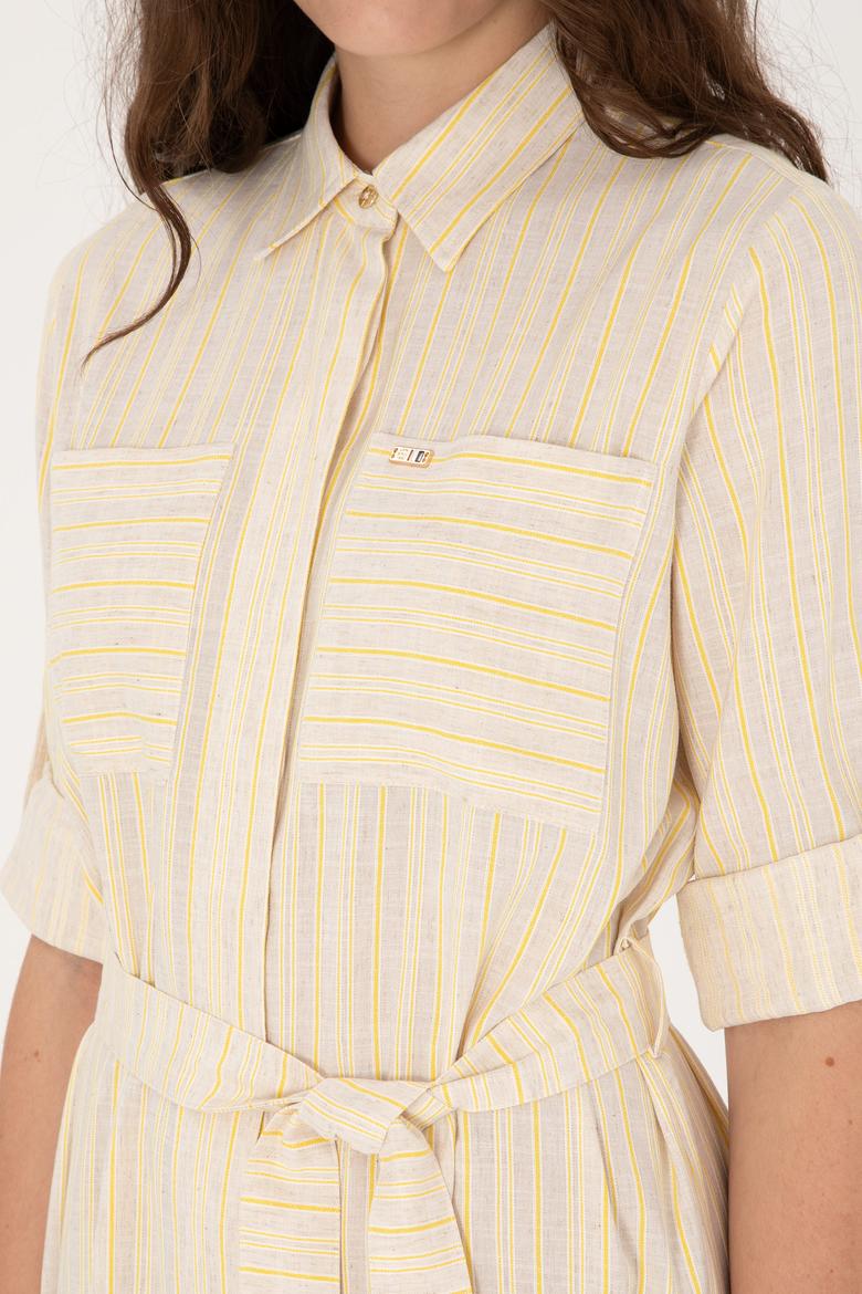 Kadın Krem Keten Karışımlı Çizgili Kemerli Mini Boy Dokuma Elbise - 50306595005