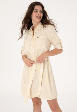 Kadın Krem Keten Karışımlı Çizgili Kemerli Mini Boy Dokuma Elbise - 50306595005