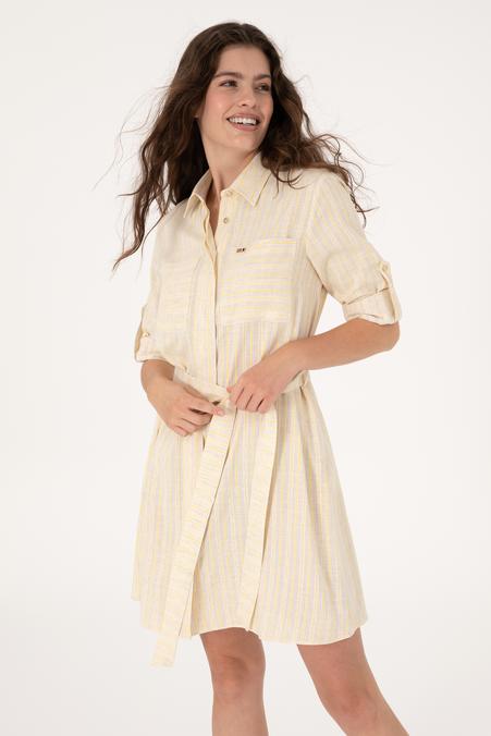 Kadın Krem Keten Karışımlı Çizgili Kemerli Mini Boy Dokuma Elbise