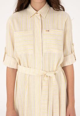 Kadın Krem Keten Karışımlı Çizgili Kemerli Mini Boy Dokuma Elbise - 50306595005