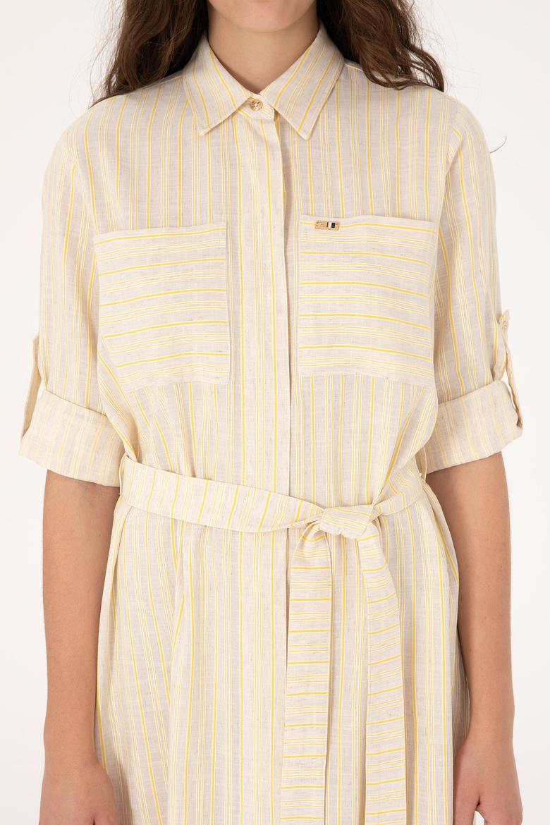 Kadın Krem Keten Karışımlı Çizgili Kemerli Mini Boy Dokuma Elbise - 50306595005