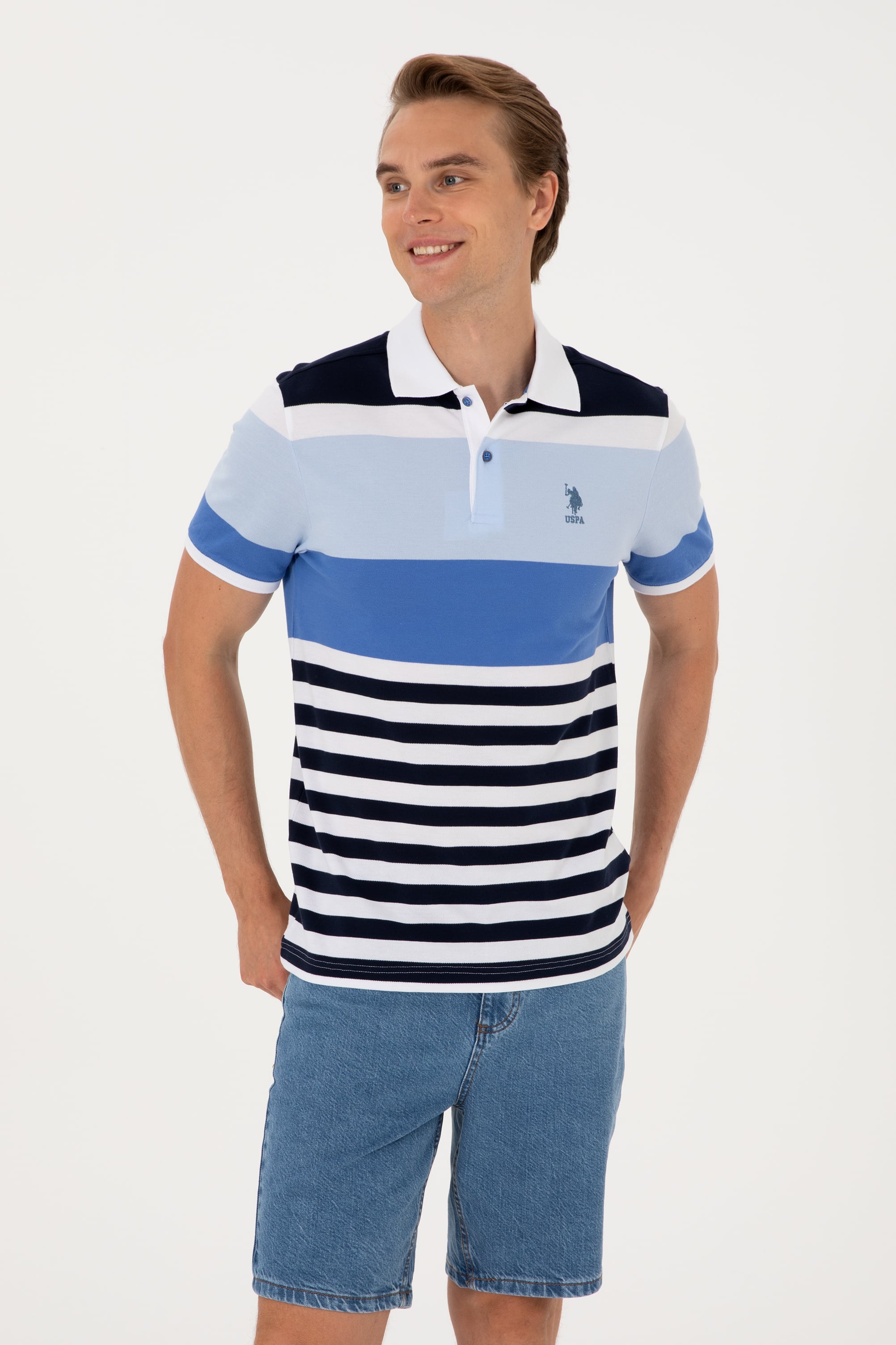 Erkek Regular Fit Polo Yaka İndigo Tişört - Image 3