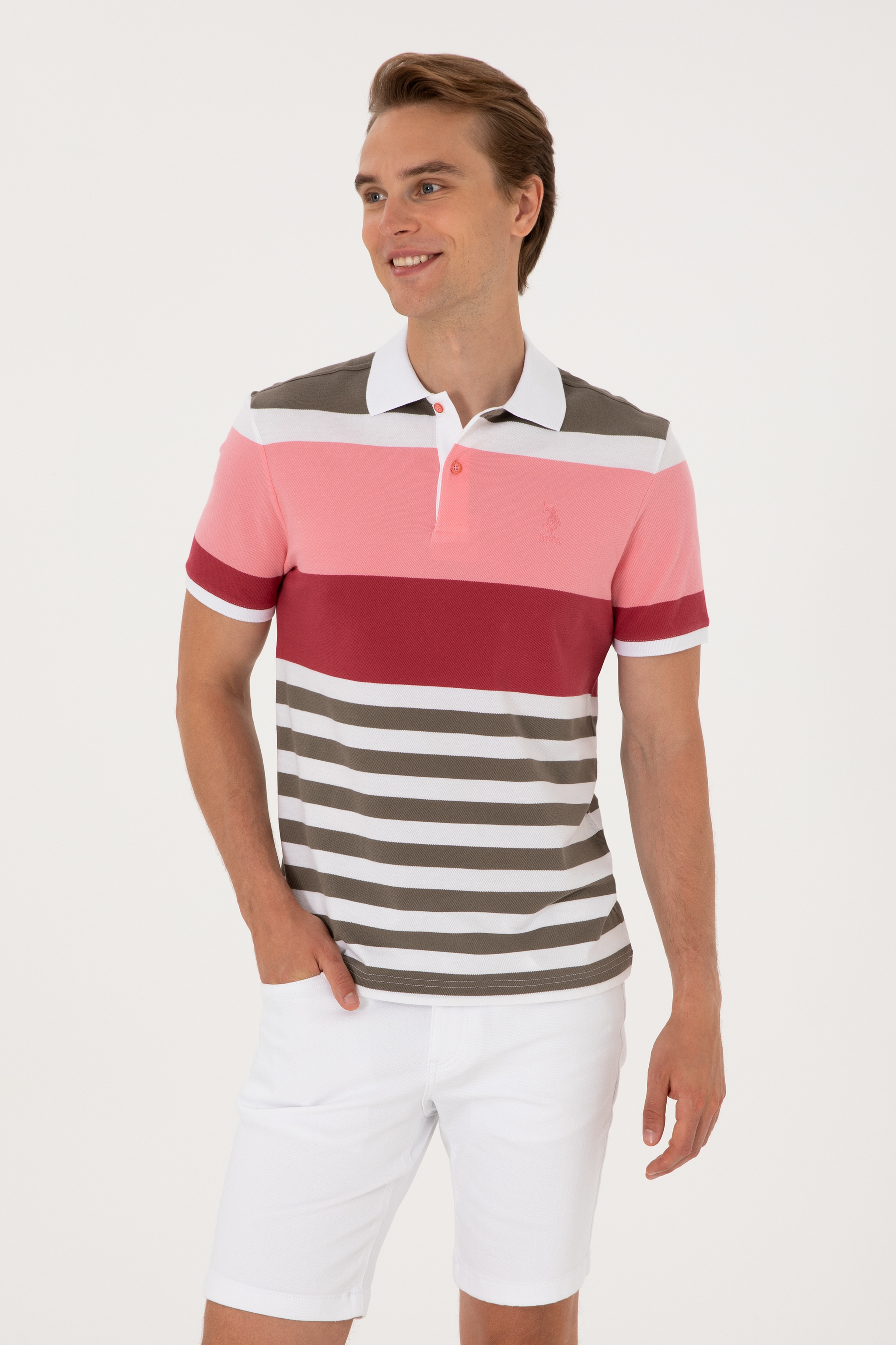 Erkek Regular Fit Polo Yaka Pembe Tişört - Image 1