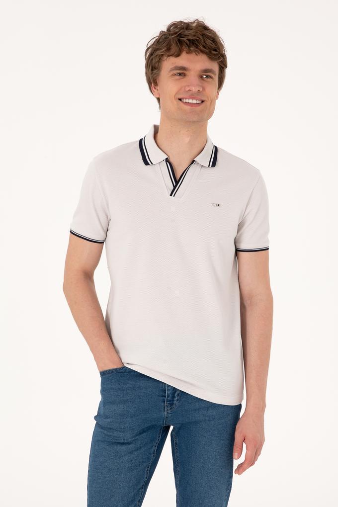 Erkek Slim Fit Kaçık Yaka Açık Gri Tişört